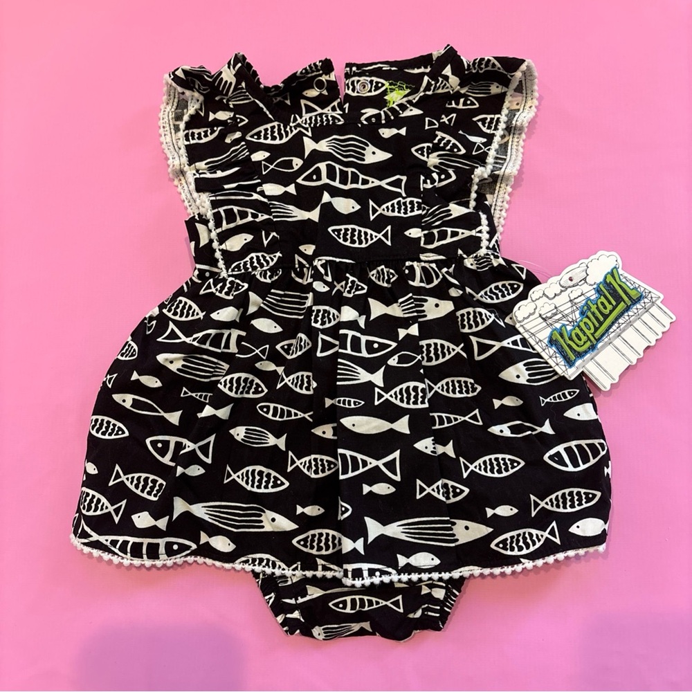 Kapital K Baby Girl Two Piece Dress Size 0-3 Months Black & White Fish Pattern
